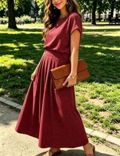 Image of Zontroldy Women's Summer 2 Piece Outfits Striped Skirt Sets Cap Sleeve Crop Top Midi Dress Matching Travel Outfits