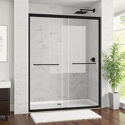 Osparple Shower Door 56-60" W x 72" H, Double Sliding Glass Door, Semi-Frameless Shower Doors with 1/4" (6mm) Thick SGCC Tempered Glass, Stainless Steel Handles, Matte Black