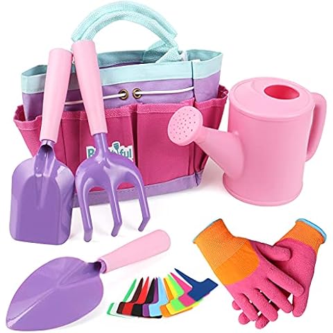 18 PCs Childrens Gardening Set Kids Gardening Gloves Tool Bag Watering Can Trowel Rake Shovel Plant Labels Pink Kids Garden Tools Set for Girls Cover