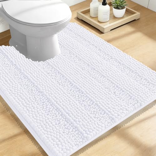 Image of OLANLY Thick Toilet Rugs U-Shaped 24x20, Extra Soft Absorbent Chenille Striped Contour Bathroom Rugs for Toilet, Dry Quickly, Machine Washable, Non-Slip Bath Mat, White