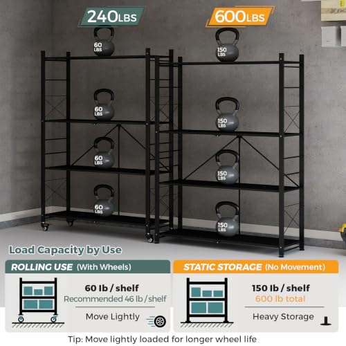 Image of DEANIC 4 Tier Foldable Storage Shelves with Wheels, Large Capacity Shelving Unit, Freestanding Metal Wire Shelf Rack, No Assembly Organizer Rack for Garage Kitchen, Basement, Pantry (1, Black-Plus)