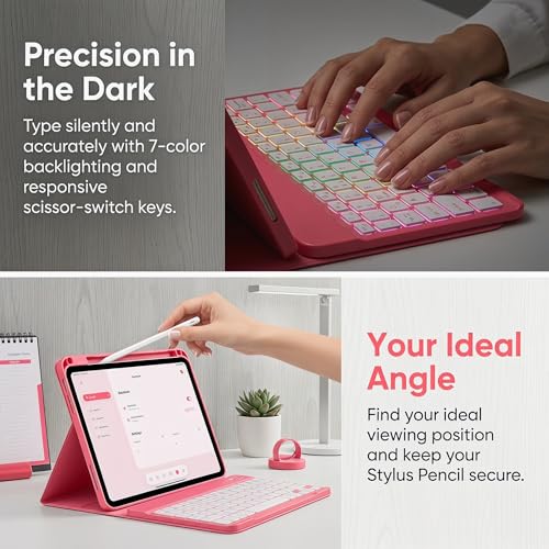 Hülle Tastatur für iPad (A16) 11./10. Generation (2025/2022), (11/10.9 Zoll) - QWERTZ, 7 Farben Beleuchtete, Magnetische Abnehmbar Bluetooth Tastatur, Soft TPU Rückseite Gehäuse mit Stifthalter (Pink) 6