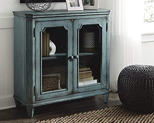 Signature Design By Ashley Mirimyn Vintage 36" 2-Door Accent Cabinet With Glass Inlay And Adjustable Shelf, Blue #TOP1