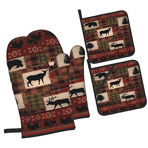 Ovenmittsandpotholderssetretrorusticlodgebeardeermooseheatresistantkitchenmicrowaveglovesandhotpadspotholderswithcottonlinergripcookingmittsforbakingcookinggrillingbbq Urban Country Home Decor Oven mitts and pot holders set retro rustic lodge bear deer moose heat resistant kitchen microwave gloves and hot pads potholders with cotton liner grip cooking mitts for baking cooking grilling bbq urban country home decor
