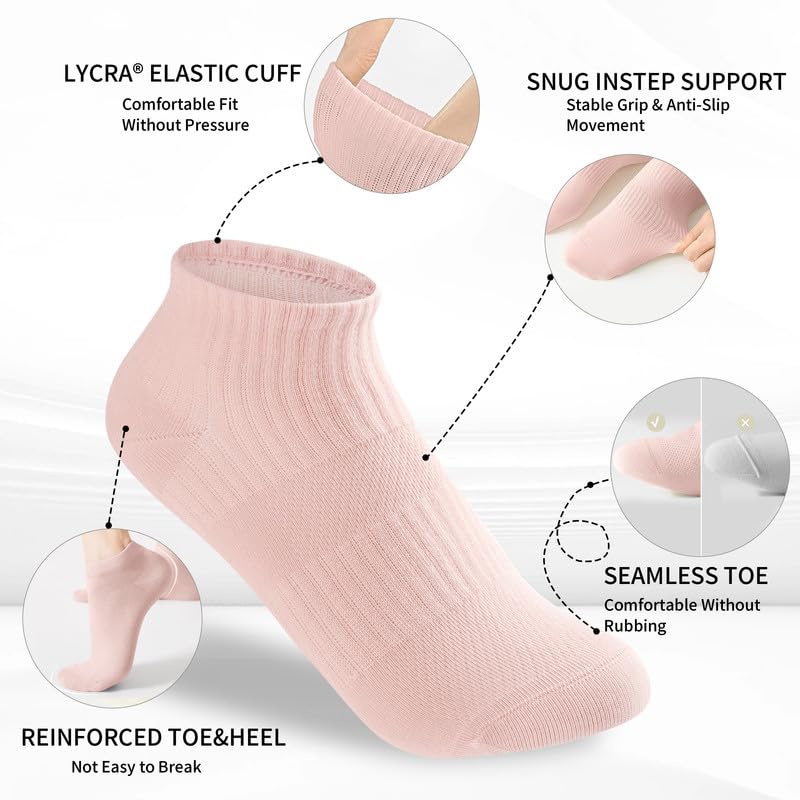 2 Pairs Soft Thin 100% Cotton Ankle Socks for Women with Aloe Vera Infused Moisturizing, Seamless Toe Design, Non-Slip Fit, Reinforced Heel for Running Hiking Daily & Casual Wear Size 6-92