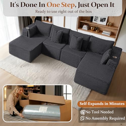 Image of 138 inch Cloud Sectional Couch, Comfort U Shaped Sofa for Living Room, Extra Deep Seats No Assembly, Minimalist Modular Couch, Corduroy (Dark Grey, 6 Seats,U-Shape C)