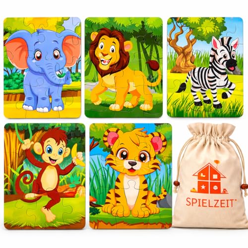 Image of 5 in 1 Wooden Animal Puzzle for Kids Age 2+ | Includes Storage Bag | Montessori Preschool Learning Toy | Jigsaw Puzzle Set for Toddlers | Educational Toy Gift for Boys & Girls (Pack of 5)