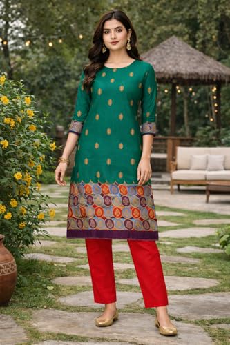 Image of Women's Cotton Blend Unstitched Kurti Set for Women | A-Line Style Dress Material | 2-Piece Traditional Ethnic Wear Suit Fabric