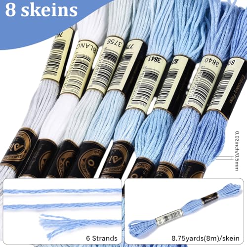 Image of 70 Yards 8 Skeins Gradient 6 Strands Light Sky Blue Variegated Cross Stitch Floss Polyester Embroidery Thread String Friendship Bracelets Threads Set for Hand Sewing Making Knitting Supply