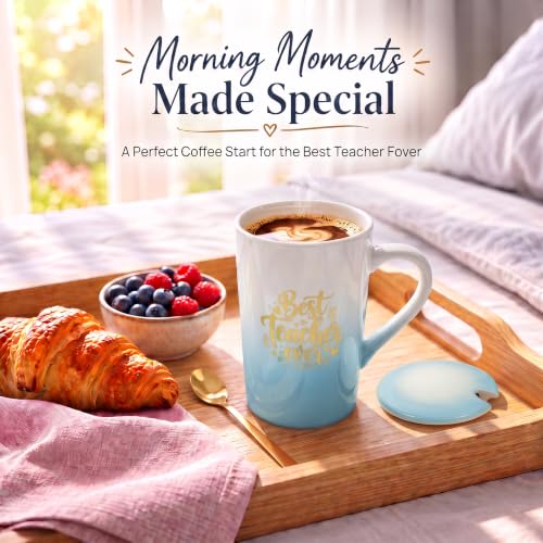 Image of ZAICUS Best Teacher Ever Coffee Mug with Lid & Spoon, Ceramic Gift Mug | Ideal Teacher Appreciation Gift | Ideal for Coffee, Tea & Daily Use | White & Blue Gradient Design