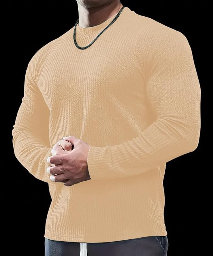 Image of Men's Polyester T-Shirt with Round Neck Long Sleeves Solid Pattern Regular Fit and Standard Length | Mans T Shirts for Casual