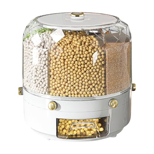 Natudeco Grain Storage Container Rotatable Rice Dispenser Box 6 Grid Grain Dispenser 360 Degree Rotating Food Dispenser Cereal Dispenser Countertop for Beans Rice Grains(white)