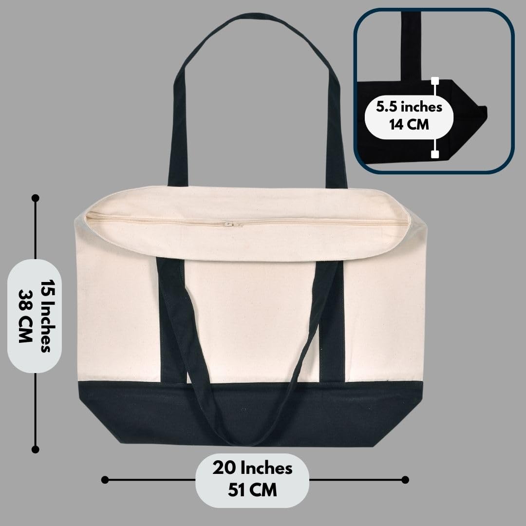 MINIMARG Heavy Duty 100% Cotton Canvas Tote Bag With Zip and external pocket, Suitable for Daily Grocery Travel, Shopping - Image 2