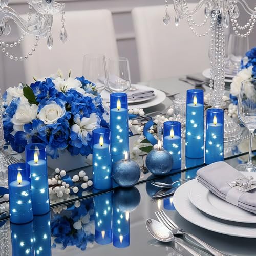 Image of Raycare Independence Day Flameless Candle with Remote Timer - 5 Flickering Acrylic Battery Operated LED Pillar Candles with Embedded Star String for 4th of July Home Patriotic Decor, as a Gift (Blue)