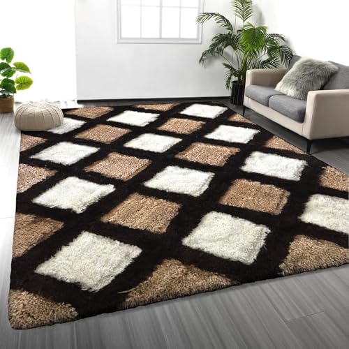 Image of 5x7 feet Soft Area Rug for Living Room and Bedroom, Modern Indoor Floor Carpet with Non-Slip Backing, Comfortable Decorative Home Decor Rug, Easy Clean & Durable- (Line Coffee, Rectangular)