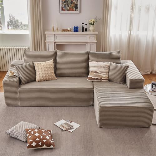 Image of 107 inch Cloud Sectional Couch with L-Shape Chaise, Modern Modular Comfy Sofa Chaise Longue, Upholstered Corduroy Couches Sleeper with Deep Seat for Living Room Bedroom, No Assembly Required, Camel