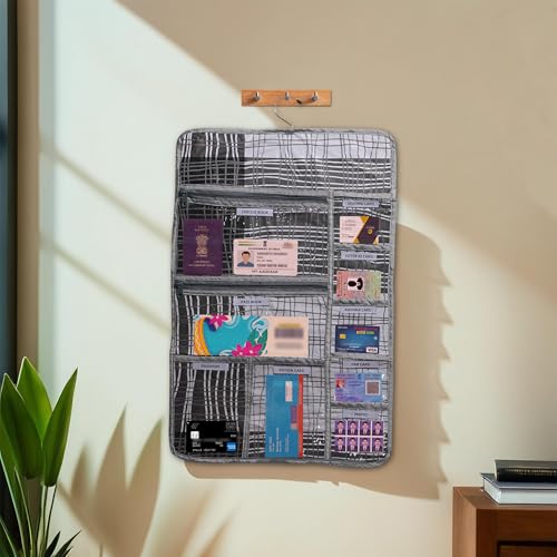 Image of Kuber Industries PVC Lining Design Multi Utility Hanger Organize for Document | 7 Small Pocket with 3 Zipper Hanger File Organize Aadhar | Grey & Black