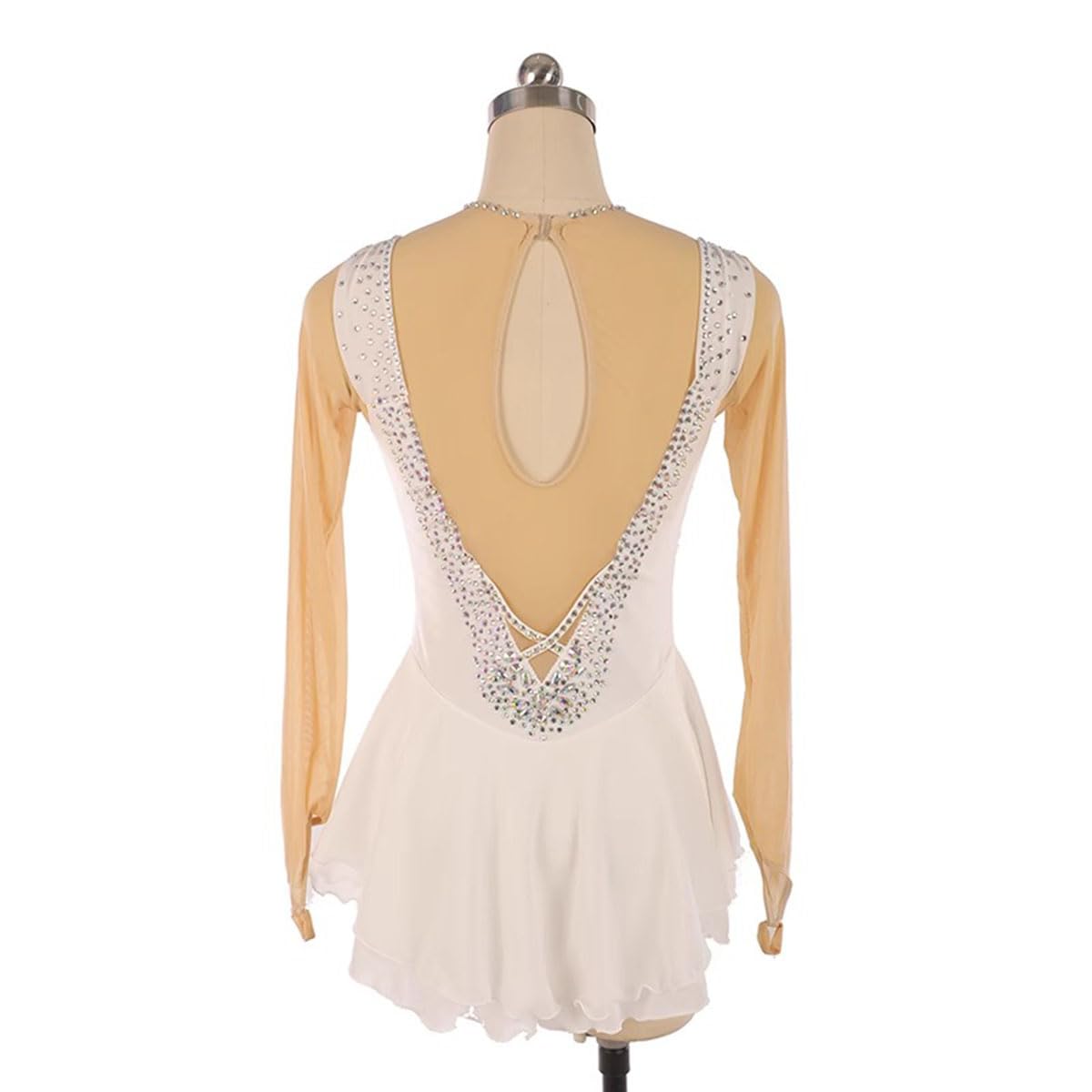 Maillot de Patinaje Artistico para Niña Manga Larga de Danza Ballet con Falda Tul Vestido con Pedrería Vestido de Danza Ballet Mujer Maillot de Gimnasia con Manga Larga,Blanca,M