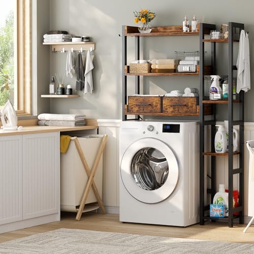 Over The Toilet Storage with 2 Drawers - 7 Tier Bathroom Organizer with Adjustable Shelf, Freestanding Space Saver Storage Rack Above Toilet Stand with 4 Hooks for Restroom, Laundry, Rustic Brown