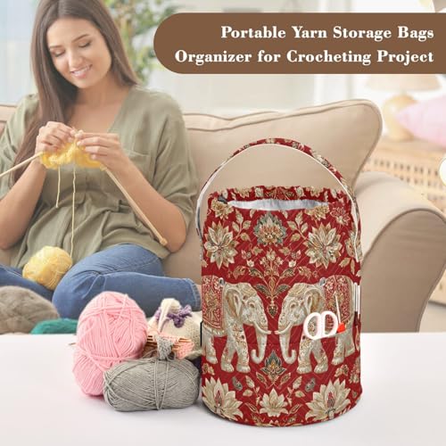 Image of ElliTarr Crochet Bag Yarn Bag with Handle Portable Knitting Project Bag Travel Yarn Storage Organizer Holder Case Red Retro Elephant Flowers