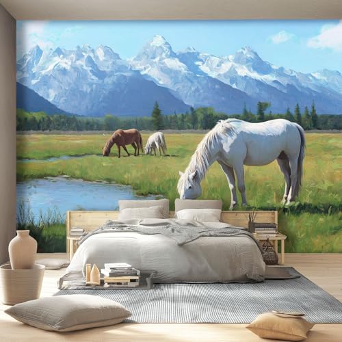 Art Papel Tapiz Fotográfico Animales Pradera Caballo Papel Pintado 200 x 140 cm, Art Mural De Pared Papel Pintado Azul Verde Mural para Sala Estar Dormitorio Infantil Decoración