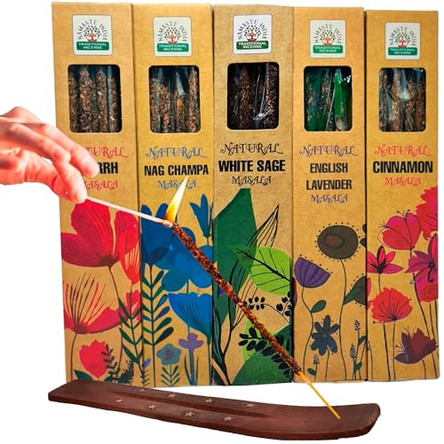 Incienso Natural, Incienso Orgánico sin Tóxicos, Incluye: Salvia Blanca, Canela, Mirra, Lavanda y Nag Champa (30Gramos),Inciensos Naturales, Hecho a Mano y Aromaterapia+Quemador(1)
