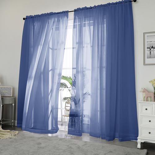 Image of Chyhomenyc Royal Blue Sheer Curtains, 84 Inch Long 2 Panel Set, Rod Pocket Voile Drapes for Living Room, Bedroom - 2PCS, Each 42 W x 84 L