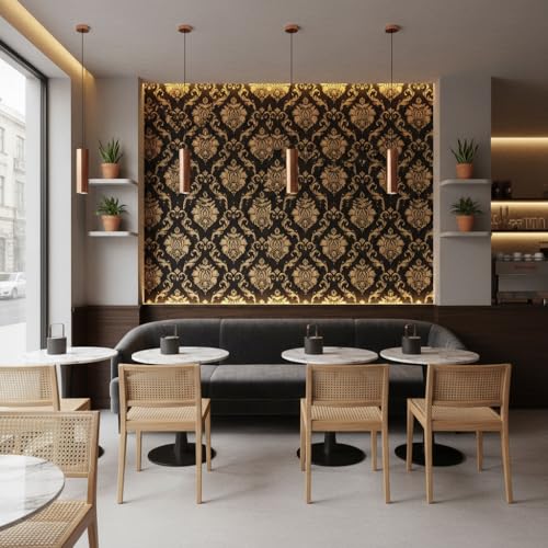 Image of Brown Golden Luxury Damask Wallpaper - Self Adhesive Peel and Stick Floral Wall Stickers, Waterproof PVC Vinyl Decorative Paper for Home, Bedroom, Living Room & Furniture (45cm x 300cm)
