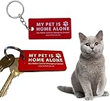Dog Cat are Home Alone Alert Emergency Card and Key Tags with Emergency Contact Call Cards Pet Emergency Contact Keychain ID Tags and Collar Accessories (Red)