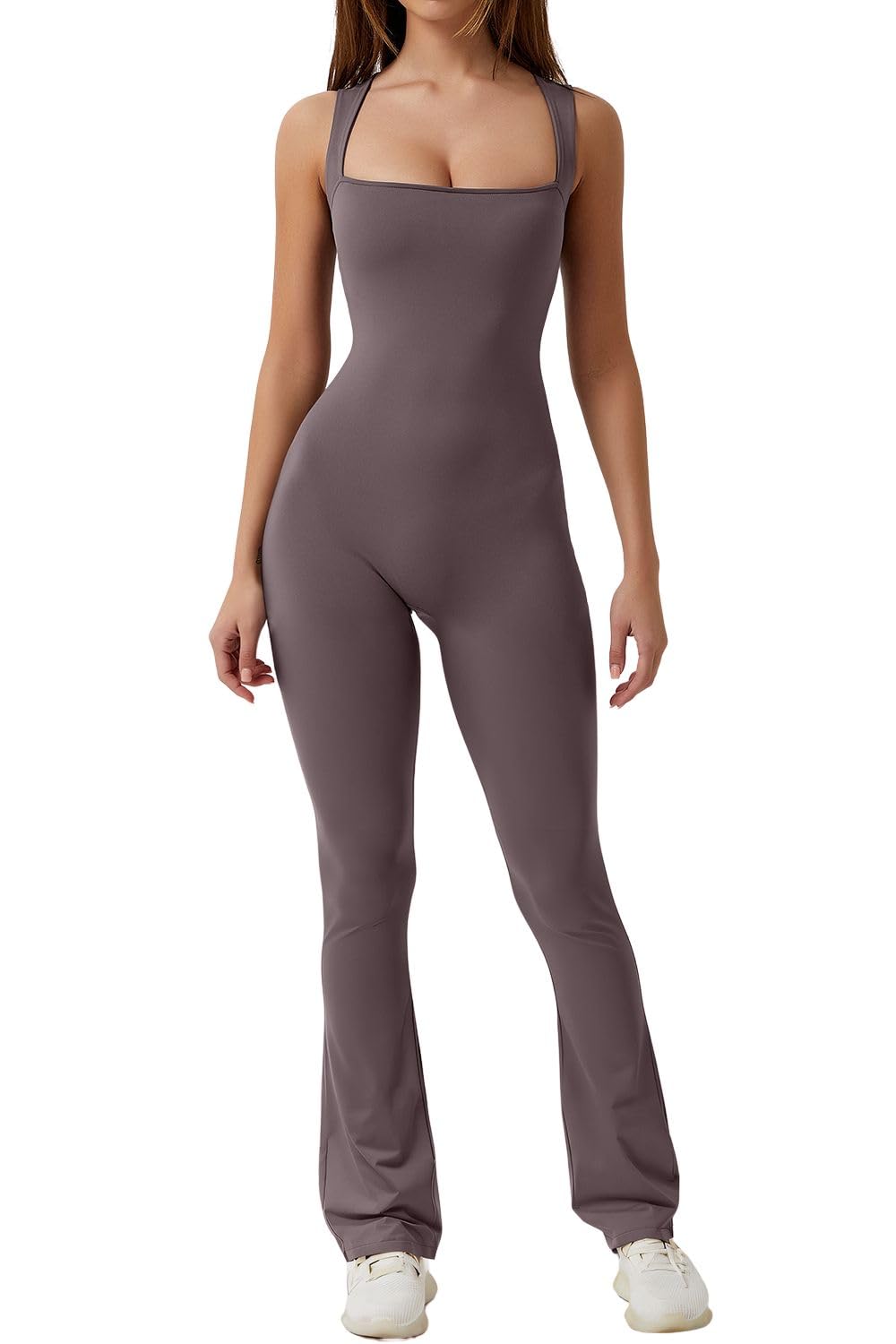 QINSENBlack Jumpsuit for Women Sleeveless Sexy Suqare Neck Stretch Flare Leggings Romper Unitard