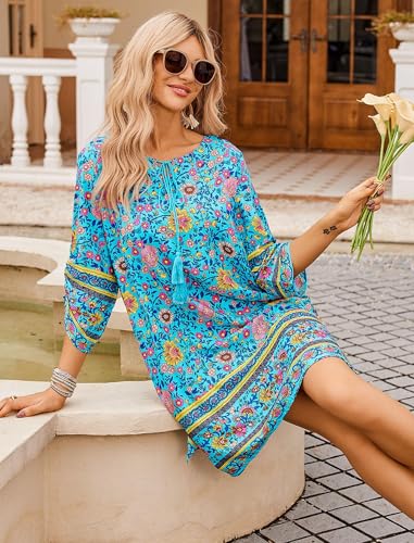 Image of Zeagoo Womens Boho Dresses Casual Beach Summer Dress Tassel Tie Neck 3 /4 Long Sleeve Mini Sundress 2026 Floral Print Cover Up