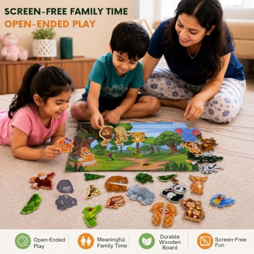 Image of Wooden Magnetic Wild Animal Puzzle for Kids | 50+ Pieces Strong Magnetic Jigsaw with Wooden Board | Educational Learning Toy for Boys-Girls (Multicolor, Ages 2-7 Years)