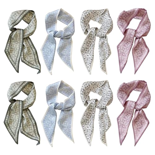 panthra 8 Pcs Silk Bag Scarf for Women, Multifunctional Boho Scarves Headbands, Vintage Elegance, Lightweight Neck Strap, Can be Used as A Bag Hair Accessory (White/Blue/Pink/Dark Green)
