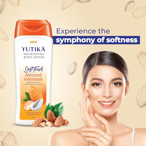 Image of Yuthika Soft Touch Almond Intensive Nourishing Body Lotion for Dry Skin, All-Day Hydration, Fast Absorbing & Non-Greasy, Long-Lasting Moisture, 300ml (Pack of 2)