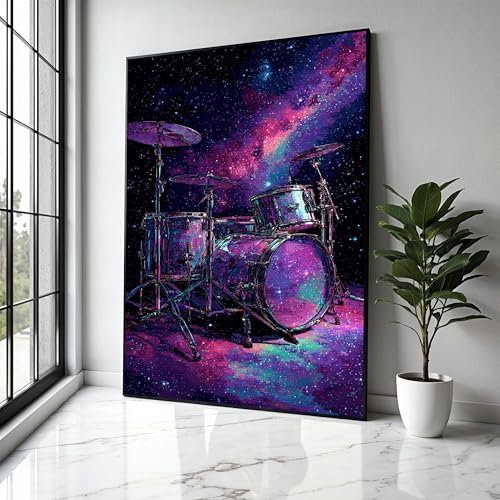 Tableau musique galaxie pour salon moderne avec percussions néon