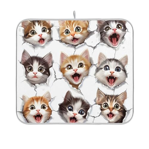 Alfombrillas de secado de platos, lindas y absorbentes, de secado rápido, diseño artístico, almohadillas de secado de platos, caras de gatito, platos secos blancos, encimera de cocina, 18 x 24