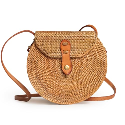 Novum Crafts Bolsa de vime redonda para mulheres - Bolsa de tecido de vime Ata feita à mão - Círculo, quadrado, oval marrom palha Boho Bags, Isla, 7 3/4”