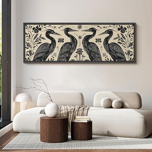 Image of MUDECOR Large Framed Canvas Print Wall Art Folk Art Heron Birds Floral Black and Cream Antique Retro Ready to Hang Painting for Living Room Bedroom Multi-Sizes - 60 inchx20 inch