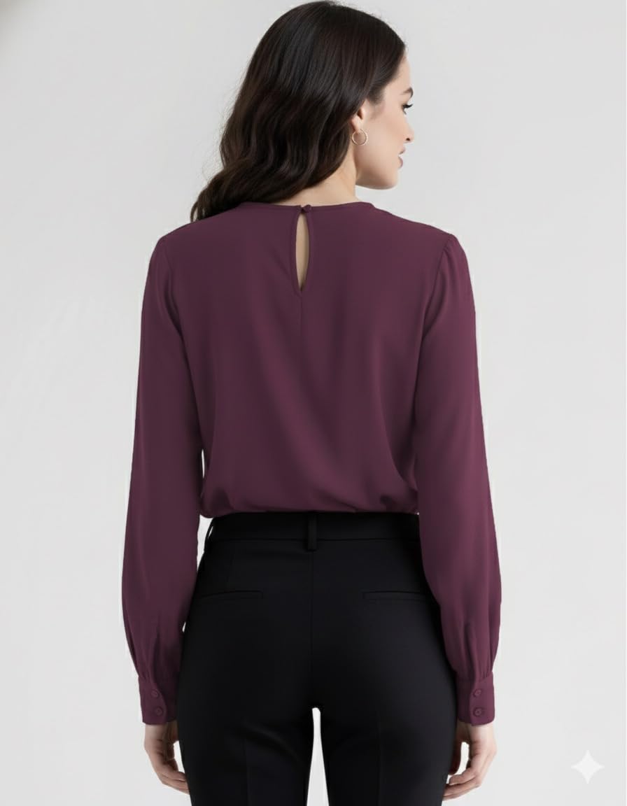 Mirana Women’s Elegant Purple Wine Cotton Blend Pleated Top | Full Sleeve Regular Fit Western Office Wear - Image 2 thumbnail