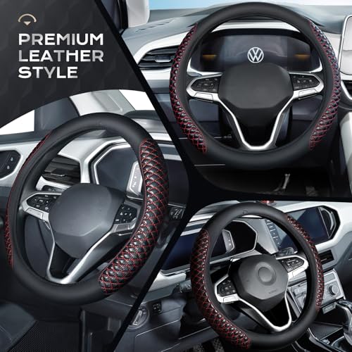 Image of Coverado Car Steering Wheel Cover, Nappa Leather Black & Redline Steering Wheel Covers, Universal 14-15 inch, Anti-Slip, Breathable Steering Wheel Protector for Women Men