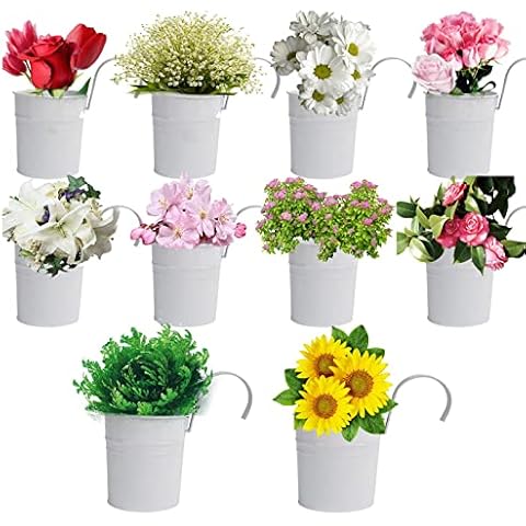 Finderomend 10 Pcs Iron Hanging Flower Pots Bucket Planter for Railing Fence Balcony Garden Home Decoration Wall Hanging Metal Bucket Flower Holders (White) Cover