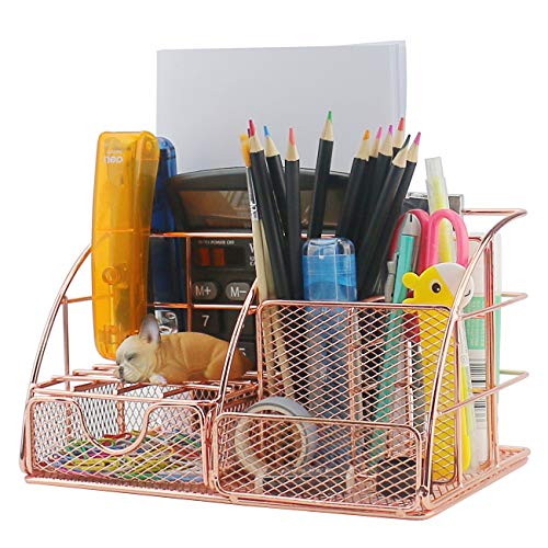 Ogrmar Rose Gold Desk Supplies Organizer, Multi-Functional Mesh Desk Organizer with 6 Compartments