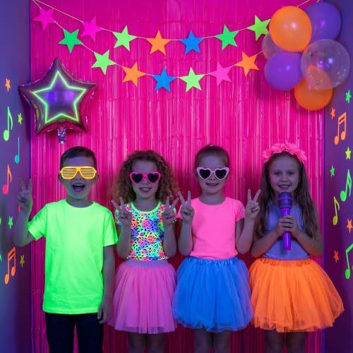 Image of TONIFUL 2Pcs Fluorescent Pink Metallic Tinsel Foil Fringe Curtain Streamer | 3.3ftx6.6ft Neon Pink Backdrop Door Streamer for Black Light Bachelorette Baby Shower Girls Birthday Glow Party Decorations