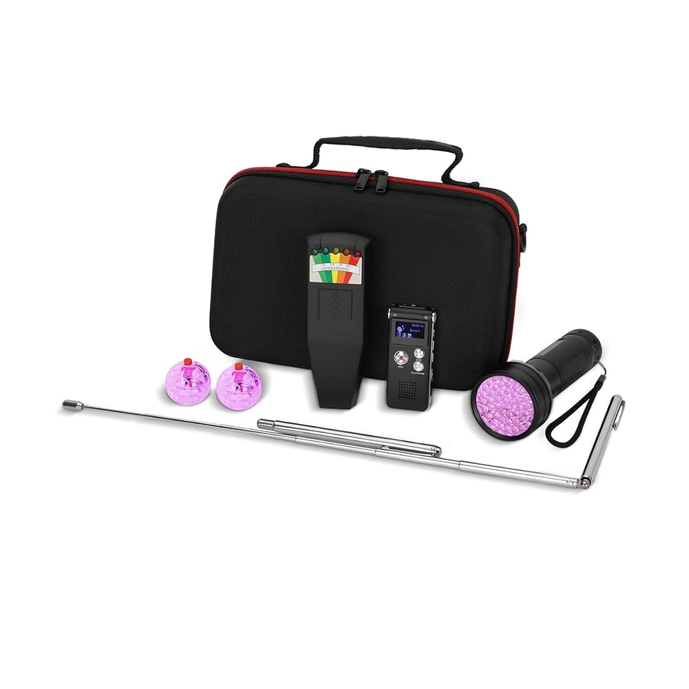 Jnchdghwa As Shown Ghost Equipment Kit With 1 Emf Meter,1 Evp,2 Dowsing Rods,1 Uv Light,2 Led Light Up Cat Balls & 1 Carrying Case