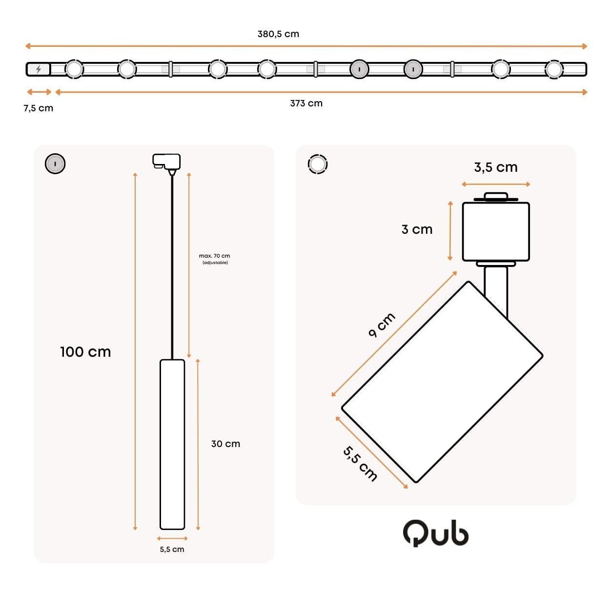 Qub Focus III 1-Phasen LED Schienensystem Komplettset 400cm 6 Spots 2 Pendelleuchten GU10 Schwarz