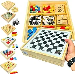 Jogo de Tabuleiro Padrão 6x1 Dama, Jogo Da Velha, Ludo, Trilha, Dominó e Xadrez 6 em 1 Jogos de Tabuleiro Jogo de Mesa Completo Madeira de Reflorestamento - 20 x 20 Cm