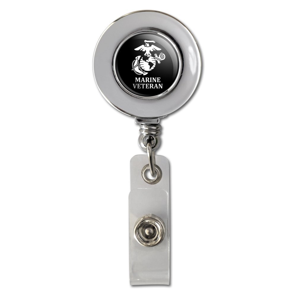 Marine Veteran USMC White on Black Officially Licensed Retractable Reel Chrome Badge ID Card Holder Clip