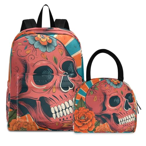 Backpack Lunch Bag Set Ethnic Skull Flower Print, Big Storage Travel Backpacks with Insulated Lunch Box for Office Hiking Picnic