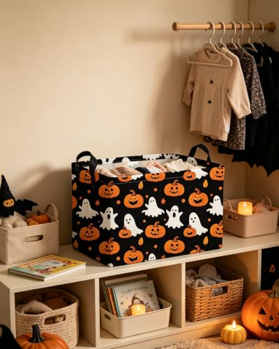 Image of Essme Rectangular Halloween Baskets,Ghost Storage Box,Cute Basket for Kids Room Decor, Book Bins,Shelf Basket.(Balck Ghost