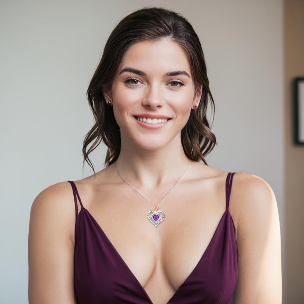 LAVUMO Collana Donna Argento 925 Ciondolo Doppio Cuore Fiore Rosa, Gioielli Donna Pietre Portafortuna, Regalo Donne Compleanno San Valentino Festa Della Mamma Regali